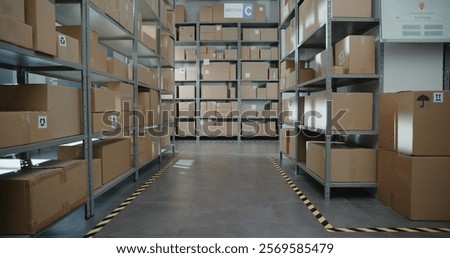 Sorting Facility, Storage of Online Store with E-Commerce Orders, Goods in Cardboard Boxes and Packages on Shelves. Warehouse Retail Center for Delivery Service. Logistics and Distribution. Dolly Shot