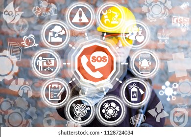 SOS Emergency Situation Attention Industry Concept. Manufacturing Dispatcher Clicks A Handset And Sos With Speech Bubble Icon Surrounded By Specific Icons.