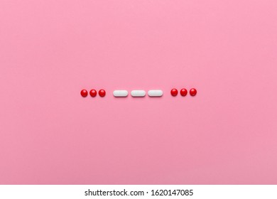 SOS Morse Code With Medical Drugs And Pills, Top View Flat Lay Conceptual Image For Addiction And Overuse Of Medication