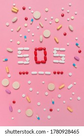 SOS Morse Code With Medical Drugs And Pills, Top View Flat Lay Conceptual Image For Addiction And Overuse Of Medication