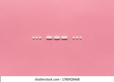 SOS Morse Code With Medical Drugs And Pills, Top View Flat Lay Conceptual Image For Addiction And Overuse Of Medication