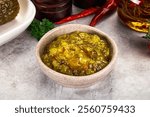 Souce gherkin relish with marinated cucumbers and mustard