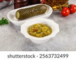 Souce gherkin relish with marinated cucumbers and mustard