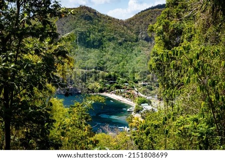 Soufriere Bay, St Lucia. View from above at Morne Courbaril. Island country in the West Indies in the eastern Caribbean Sea on the boundary with the Atlantic Ocean.