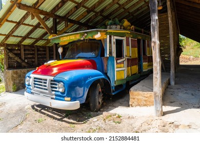 Soufriere, Saint Lucia, West Indies - Old local taxi bus in Morne Coubaril Historic Adventure Park. Transported goods and people to the local market. 