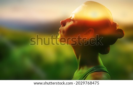 Soul energy, mental health. Happy free young woman, closed eyes