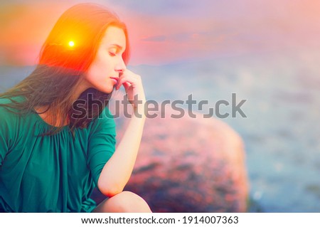 Soul energy, mental health nature therapy, spiritual life power, calm inner peace concept Double exposure abstract body of happy free young woman, closed eyes head. Healthy relax in sunrise sun light