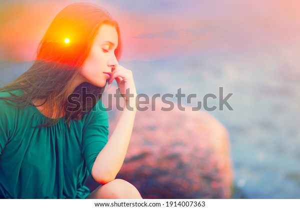 Soul energy, mental health nature therapy,
spiritual life power, calm inner peace concept Double exposure
abstract body of happy free young woman, closed eyes head. Healthy
relax in sunrise sun light