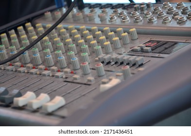 Sound amplifier desk. System equalizer edit console. Professional mixer. Analog to digital audio controller. Sound engineer. Dj performance.