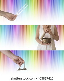 Sound and color healing website banners x 3 - rainbow colored graduated linear background with tuning fork, Tibetan seven metal singing bowl and Ting Sha Ceremonial bells and plenty of copy space