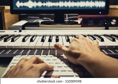 sound engineer, composer working in digital editing & recording studio for post production or broadcasting. art filter