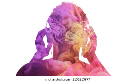 Sound inspiration. Creative music. Double exposure back view color male silhouette in headphones enjoying rhythm in pink yellow smoke cloud isolated on white. - Powered by Shutterstock