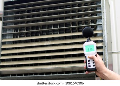 Sound Level Meter Measuring The Noise Of Industrial Ventilation Unit.