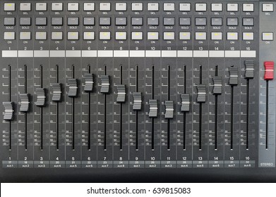 Sound mixer panel with feyder and buttons of control the top view background