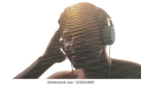 Sound pleasure. Music inspiration. Calming playlist. Double exposure silhouette of relaxed guy in headphones enjoying listening to sea water waves isolated on white copy space.