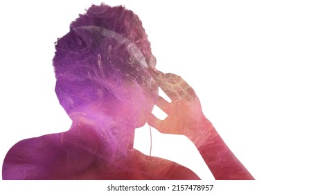 Sound Pleasure. Music Passion. Lounge Vibe. Double Exposure Back View Color Male Silhouette In Headphones In Purple Mist Isolated On White Empty Space.