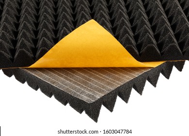 Sound Proof Acoustic Black Gray Foam Absorbing, Pyramid Style Padding Layer Panel For Voice Recording Studio Attach On Wall As Wallpaper Background To Reduce And Protect Sound To Outside Room.