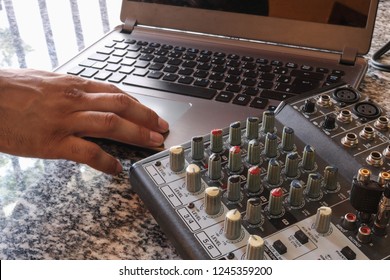 sound table, with computer in the background