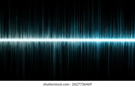 Sound wave and audio waveform, representing frequency, rhythm, and music. Abstract, digital signal with a glowing blue and black design, showcasing power and dynamic balance
