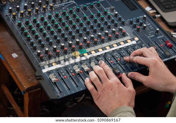 Soundman Doing His Job Mixing Console Stock Photo Edit Now