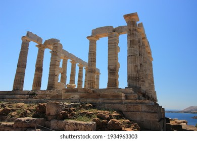 Sounion, Athens, Greece:20 May 2017: Temple of Poseiden near Athens. The temple was constructed in 444–440 BC, the columns are locally quarried white marble, 15 of 36 still stand today.