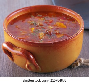 Soup With Beans, Tomato And Bread In Crock Pot