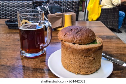 Soup In Bread Bowl And Mug Of Beer At Riga, Latvia