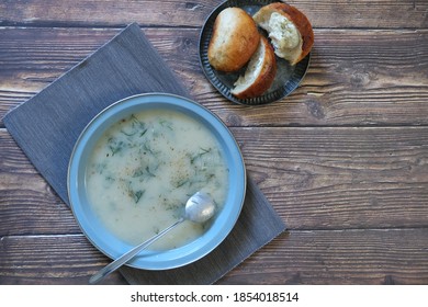 soup and bread on table