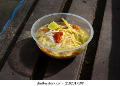 A soup called Soto Berau is a typical food from the Berau area of East Kalimantan. contains ricecake, vermicelli, sweet potato chips, omelette, limes, sambal with its signature sauce full of spices