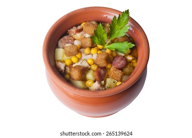 Soup Clay Pot With Smoked Sausage Potatoes And Corn Isolated Crackers, Croutons Crock