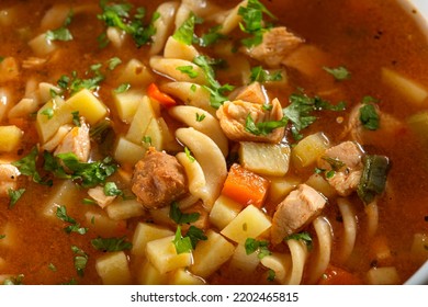 Soup With Fusilli, Chicken Meat And Vegetables - Close Up View