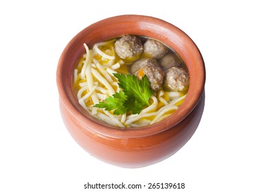 Soup With Pasta And Meatballs In A Clay Pot On A White Background Crock Chicken Soup