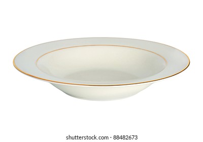 Soup Plate With A Gold Border Isolated On White Background