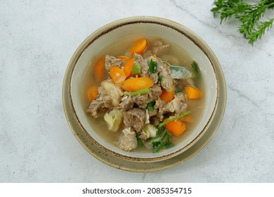 Soup, Sop Daging Is Indonesian Traditional Food, Served In A Bowl. 