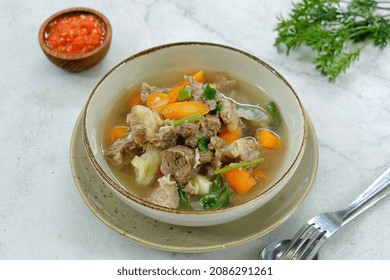 Soup, Sop Daging Is Indonesian Traditional Food, Served In A Bowl. 