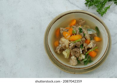 Soup, Sop Daging Is Indonesian Traditional Food, Served In A Bowl. 