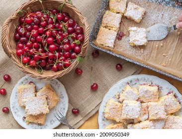 Sour Cherry Sponge Cake Baked In Traditional Hungarian Way