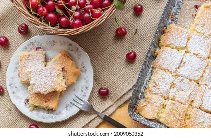 Sour Cherry Sponge Cake Baked In Traditional Hungarian Way