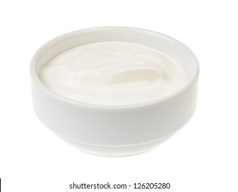 Sour Cream In Bowl, Isolated On White