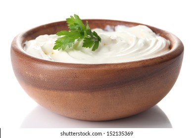 Sour Cream In Bowl Isolated On White