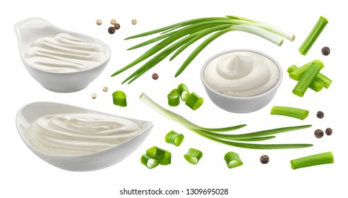 Sour Cream And Chives Isolated On White Background, Green Onion With Sour Cream Sauce, Collection