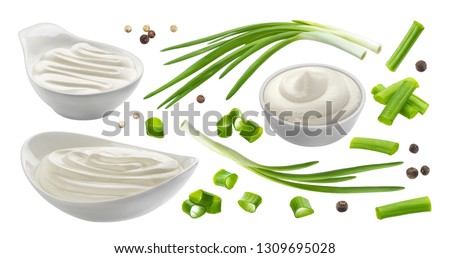 Sour cream and chives isolated on white background, green onion with sour cream sauce, collection