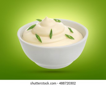 Sour Cream With Onion In Bowl Isolated