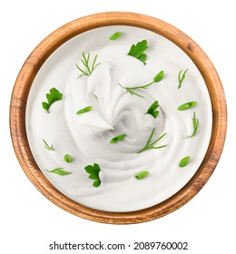 sour cream with onion, parsley, dill, herbs in wooden bowl, mayonnaise, yogurt, isolated on white background, clipping path, full depth of field - Powered by Shutterstock