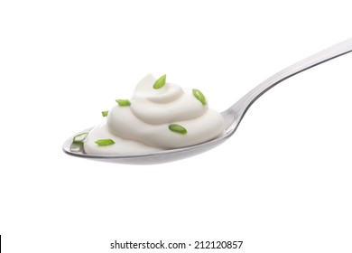 Sour Cream In Spoon On White Background 