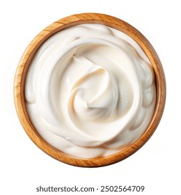 Sour cream in a wooden bowl isolated on white. Dairy product. Top view. - Powered by Shutterstock