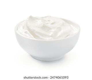 Sour cream or yogurt in white bowl isolated on white background