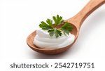 Sour Cream or Yogurt: A wooden spoon with a dollop of creamy substance, topped with fresh parsley, set against a white background to highlight the natural wood and vibrant green.