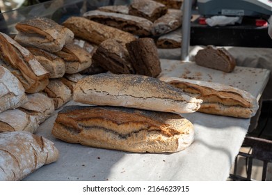 Sour Dough Bio Bread Made With Natural Yeast Starter And Baked In Wood Stove For Sale On Market In Provence, France