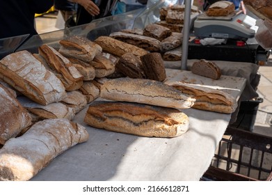 Sour Dough Bio Bread Made With Natural Yeast Starter And Baked In Wood Stove For Sale On Market In Provence, France